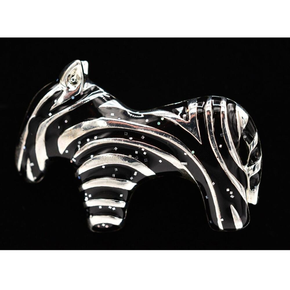Danecraft Vintage Zebra Pin Brooch Glitter Enamel Black Signed NOS 1980s BinA6